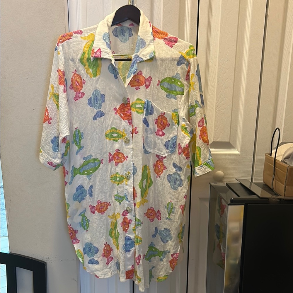 Vintage-Style Colorful Fish Print Button-Down Shirt